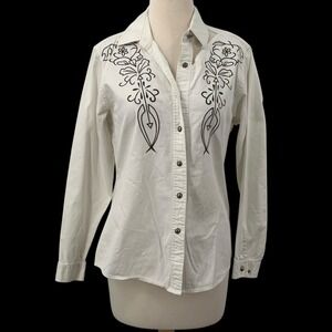 Wrangler Womens Western Long Sleeve Button Down Shirt‎ White/Black Embroidered M